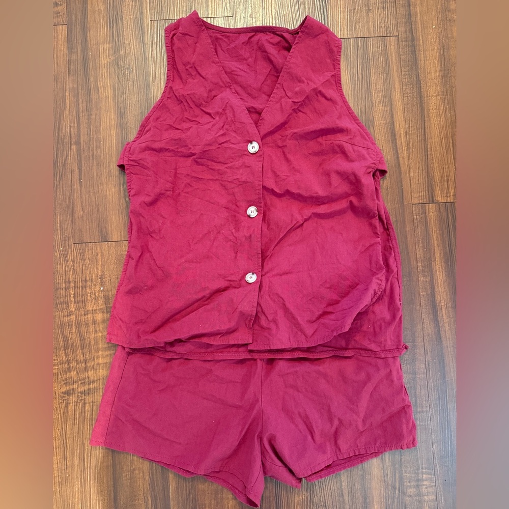 Red Sleeveless Button-Up Top and Shorts Set